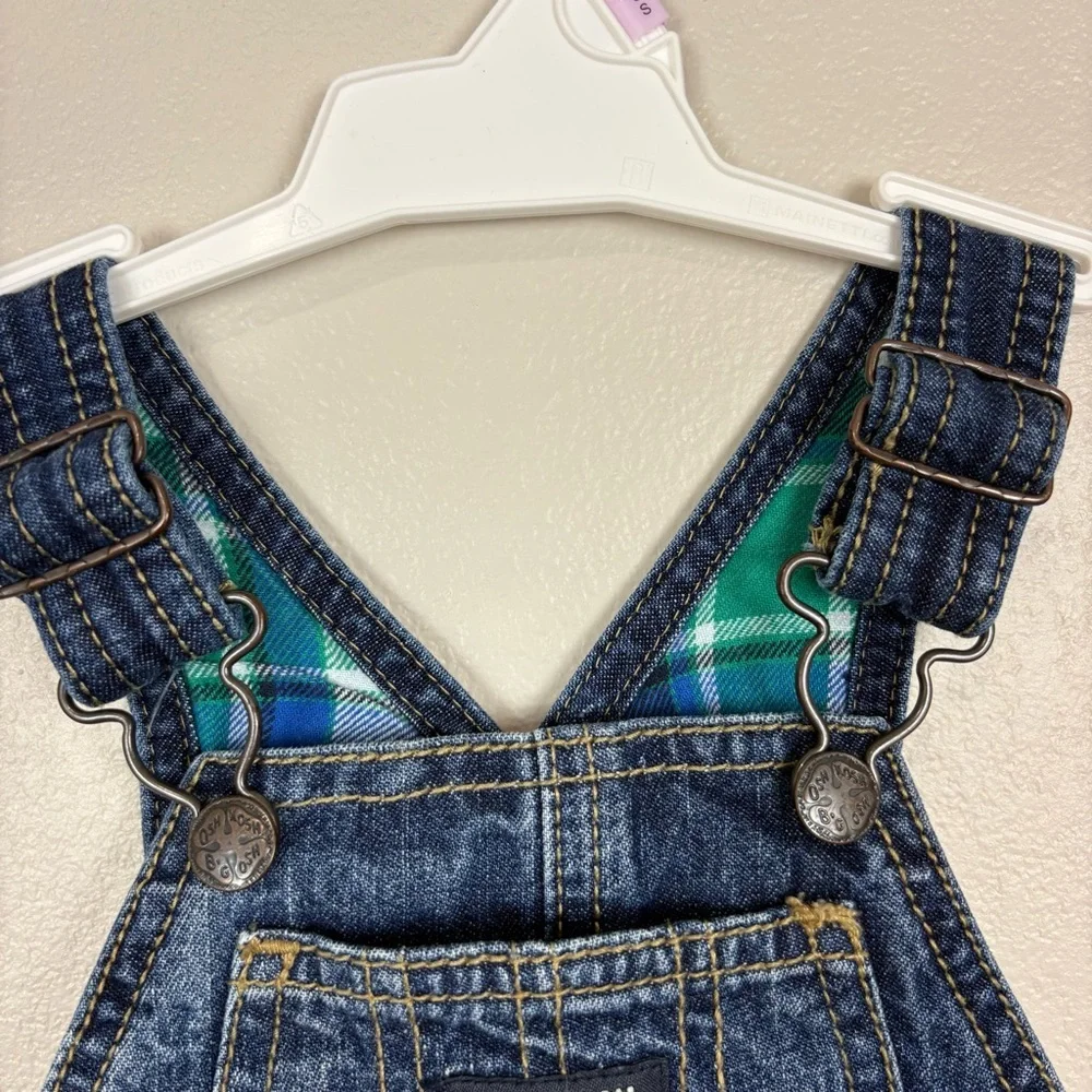 OshKosh B'Gosh Denim Bib Overalls‎ Vestbak Size 9 Mos. Plaid Flannel Lining Blue